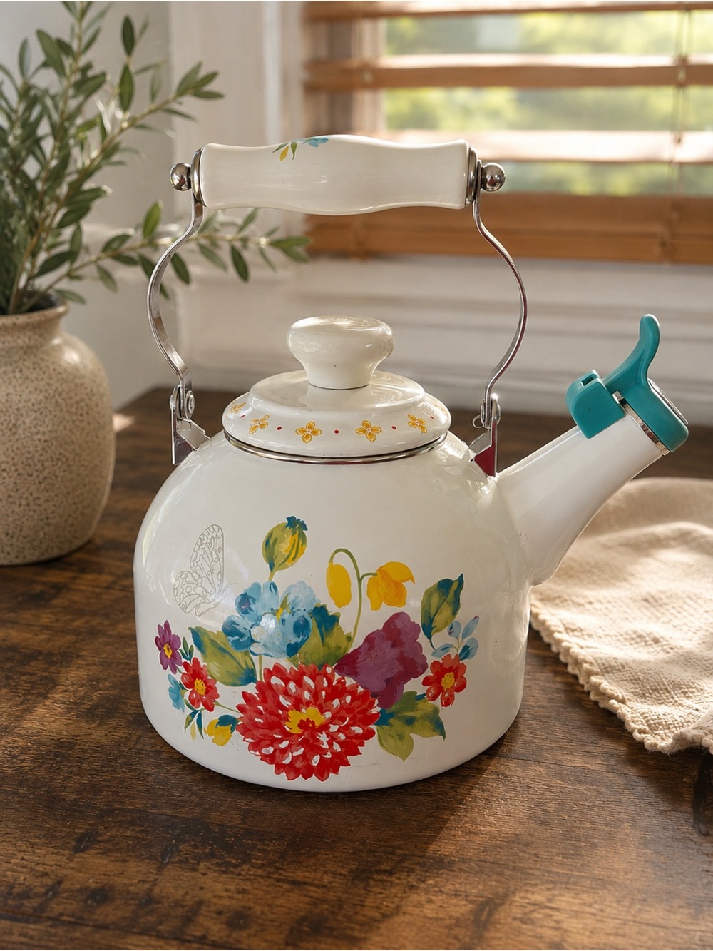 The Pioneer Woman Blooming Bouquet 2 Qt Enamel Tea Kettle Whistling Floral